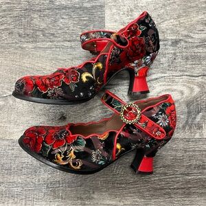L-artiste Spring Step Velvet Red Floral Mary Jane Heels with Ankle Strap